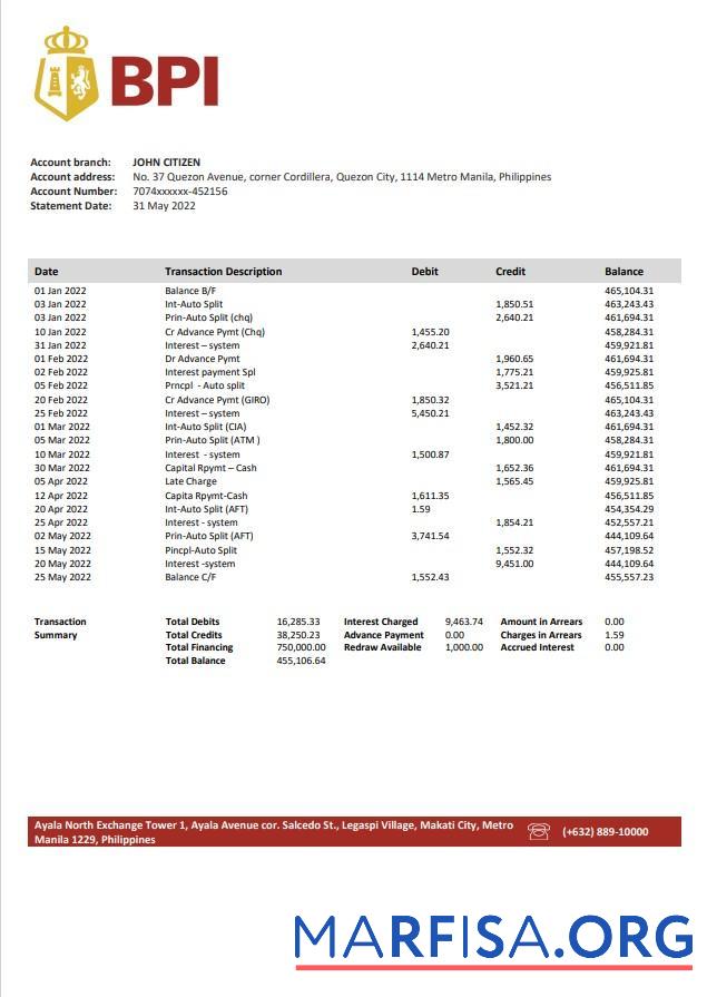 Downloadable Philippines Bank of the Philippine Islands bank statement word template